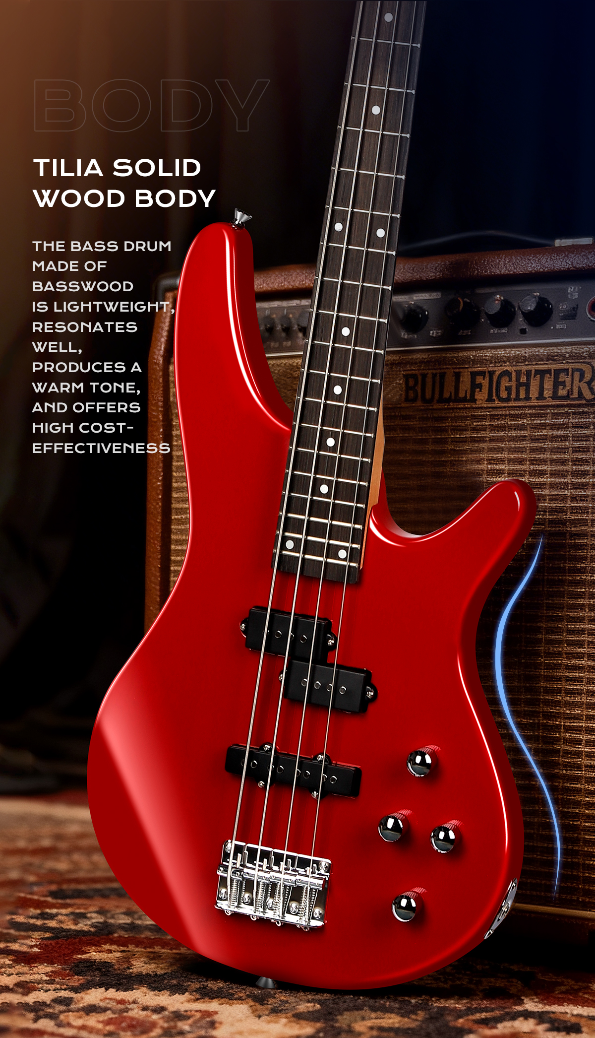 OEM/ODM Cheap 4-String Electric Bass Guitar 3 Single Coil Pickups Maple Neck Rosewood Fingerboard Basswood Body Model IB Minsine