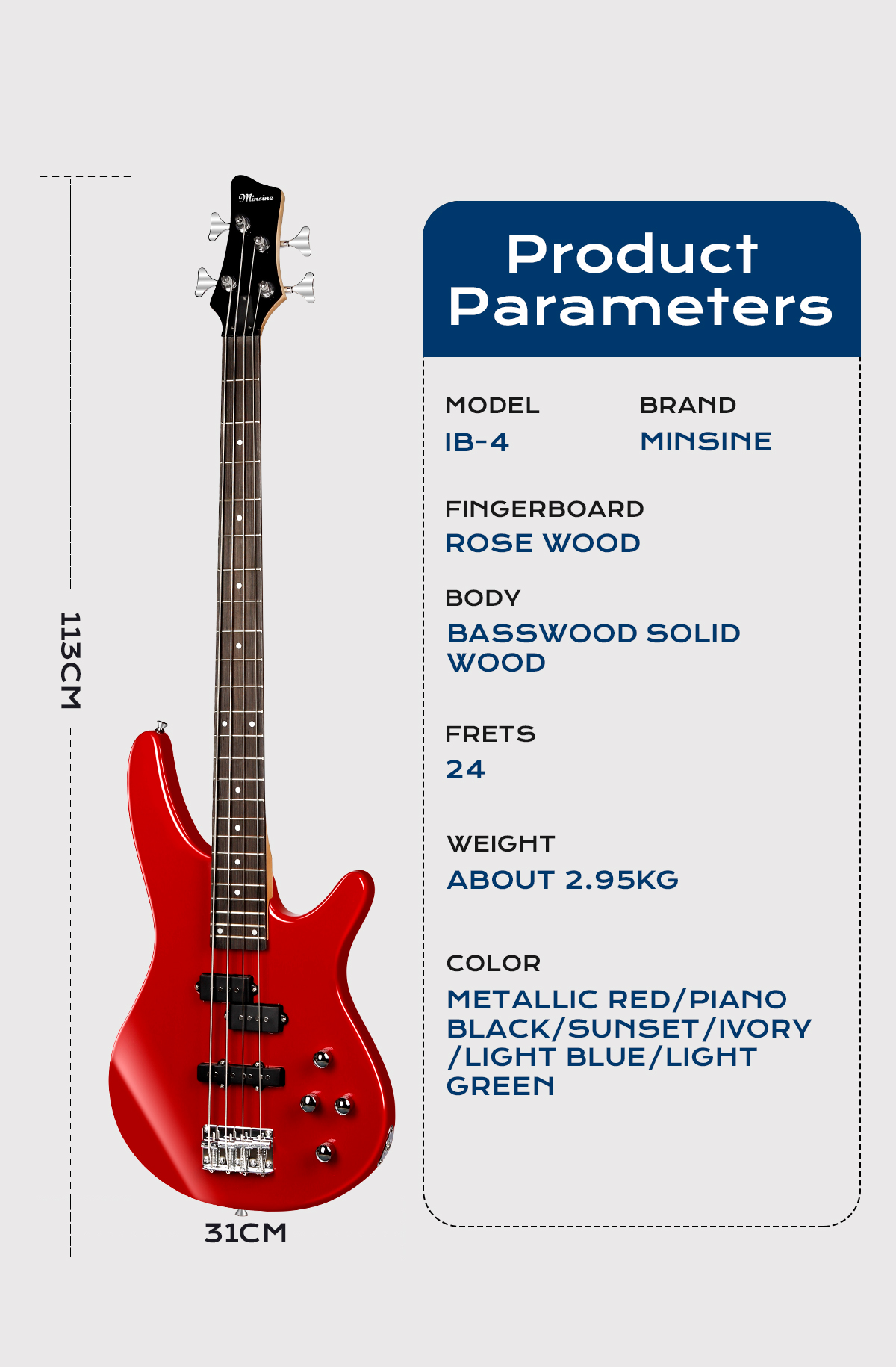 OEM/ODM Cheap 4-String Electric Bass Guitar 3 Single Coil Pickups Maple Neck Rosewood Fingerboard Basswood Body Model IB Minsine