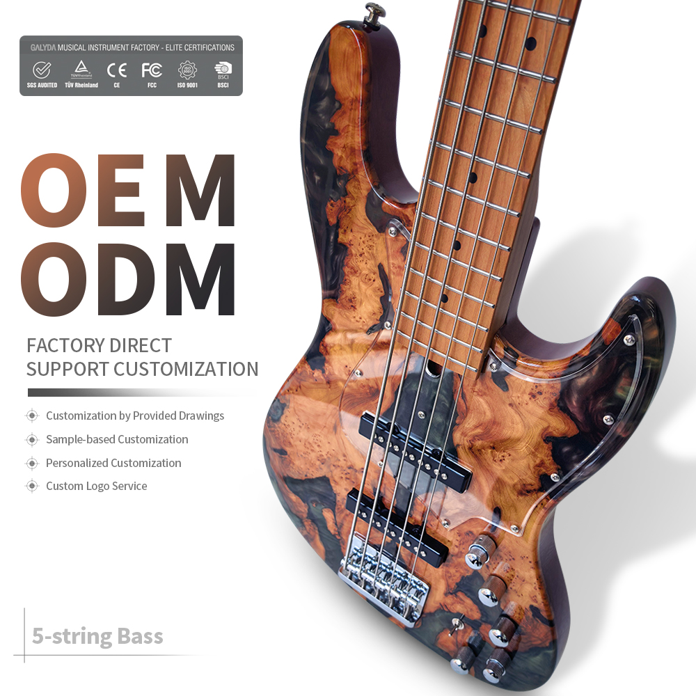 Boutique 5 String Bass Guitar Resin Burl Veneer Active Passive Switch Professional Electric Bass for Wholesale