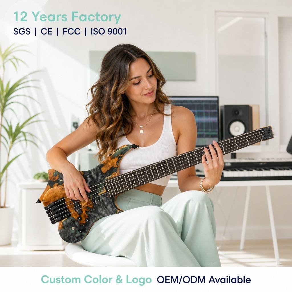 GALYDA 5 String Headless Bass Resin Burl Top Roasted Maple Neck Stainless Steel Frets Active Bass Wholesale