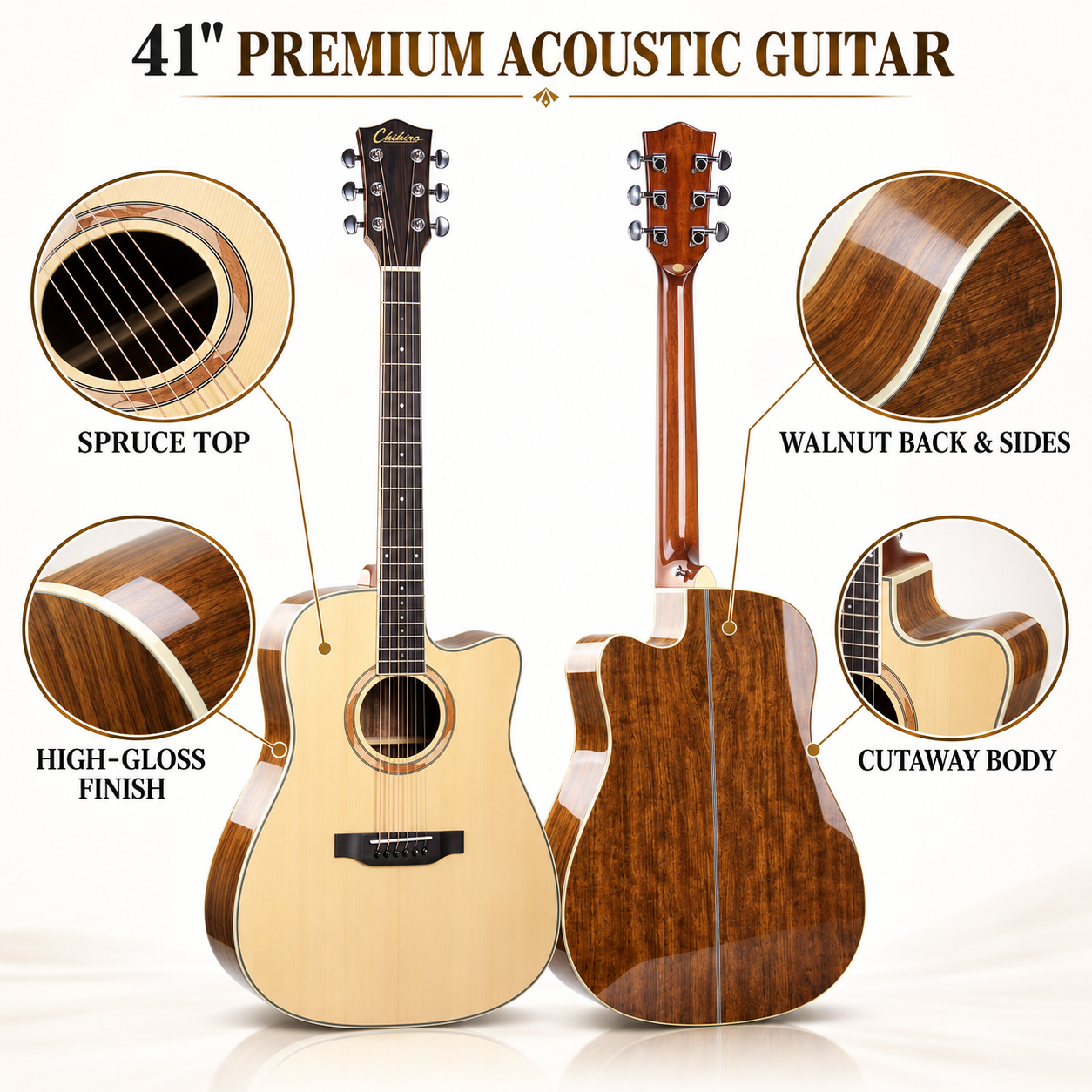 41 Inch Full Size Cutaway Acoustic Guitar Spruce Top Walnut Back and Sides High Gloss Wholesale OEM CH-1300
