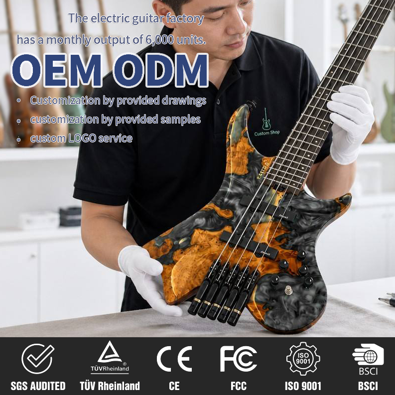 GALYDA 5 String Headless Bass Resin Burl Top Roasted Maple Neck Stainless Steel Frets Active Bass Wholesale