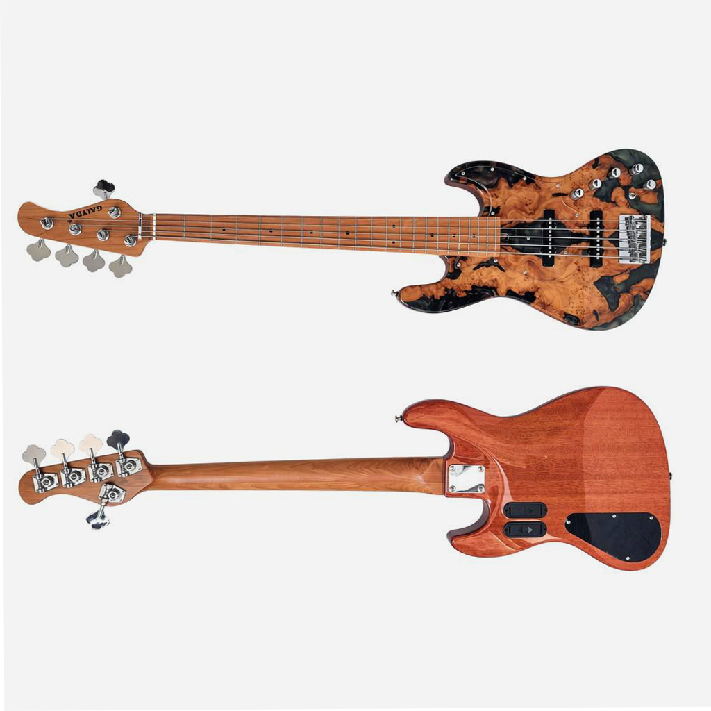 Boutique 5 String Bass Guitar Resin Burl Veneer Active Passive Switch Professional Electric Bass for Wholesale