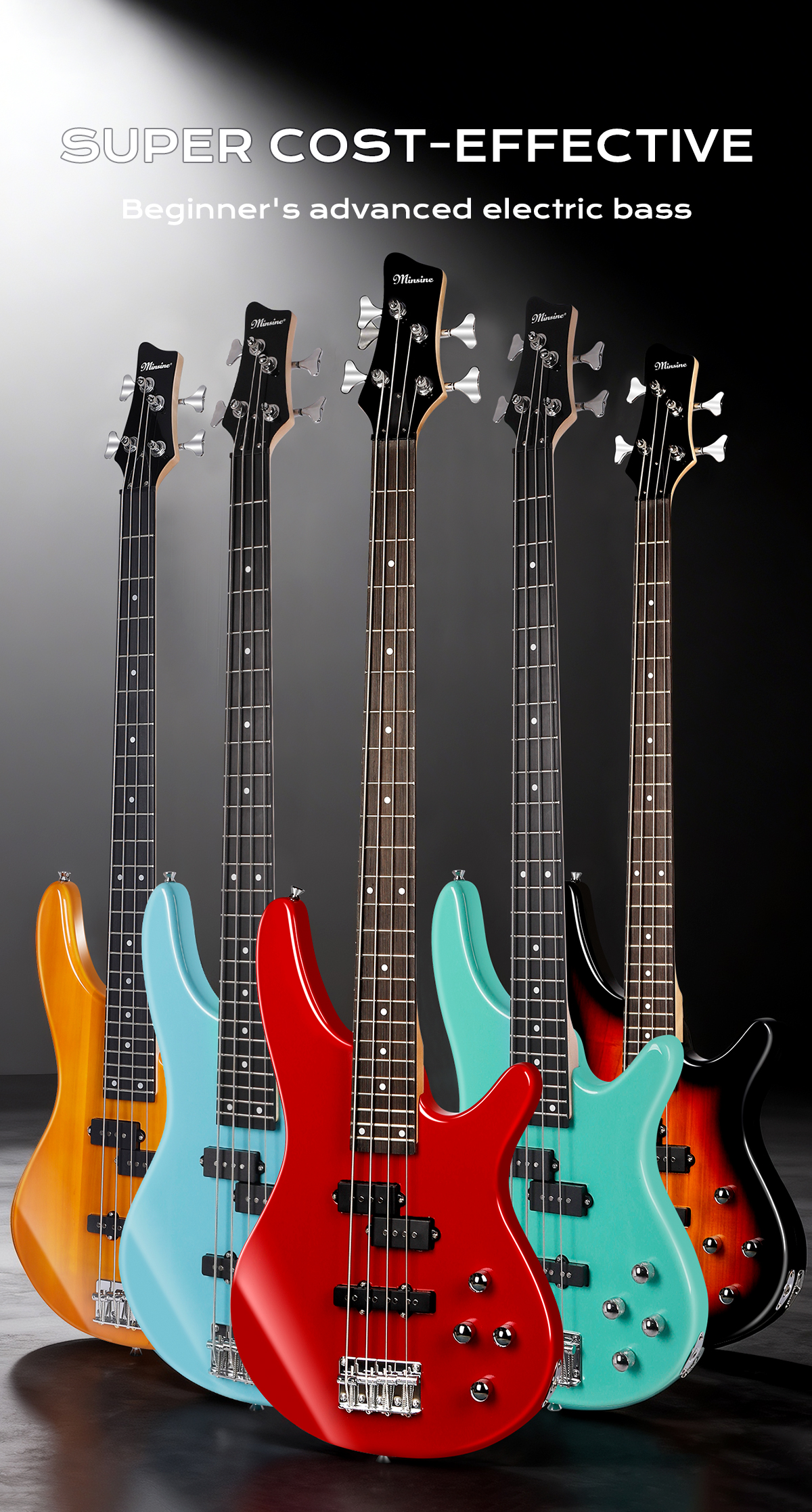 OEM/ODM Cheap 4-String Electric Bass Guitar 3 Single Coil Pickups Maple Neck Rosewood Fingerboard Basswood Body Model IB Minsine