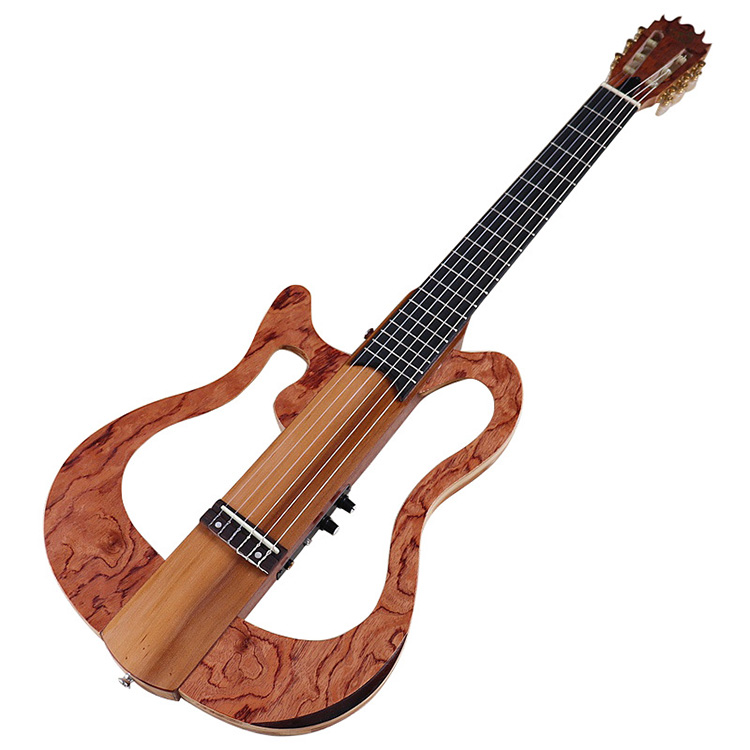 Wholesale 39-inch 6-string left-handed silent guitar OEM with rosewood fingerboard. Foldable and detachable for easy travel use.