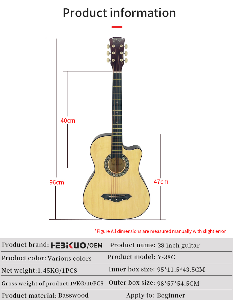 HEBIKUO High Quality 38 Inch Acoustic Guitar for Beginner Practice and Travel Performance
