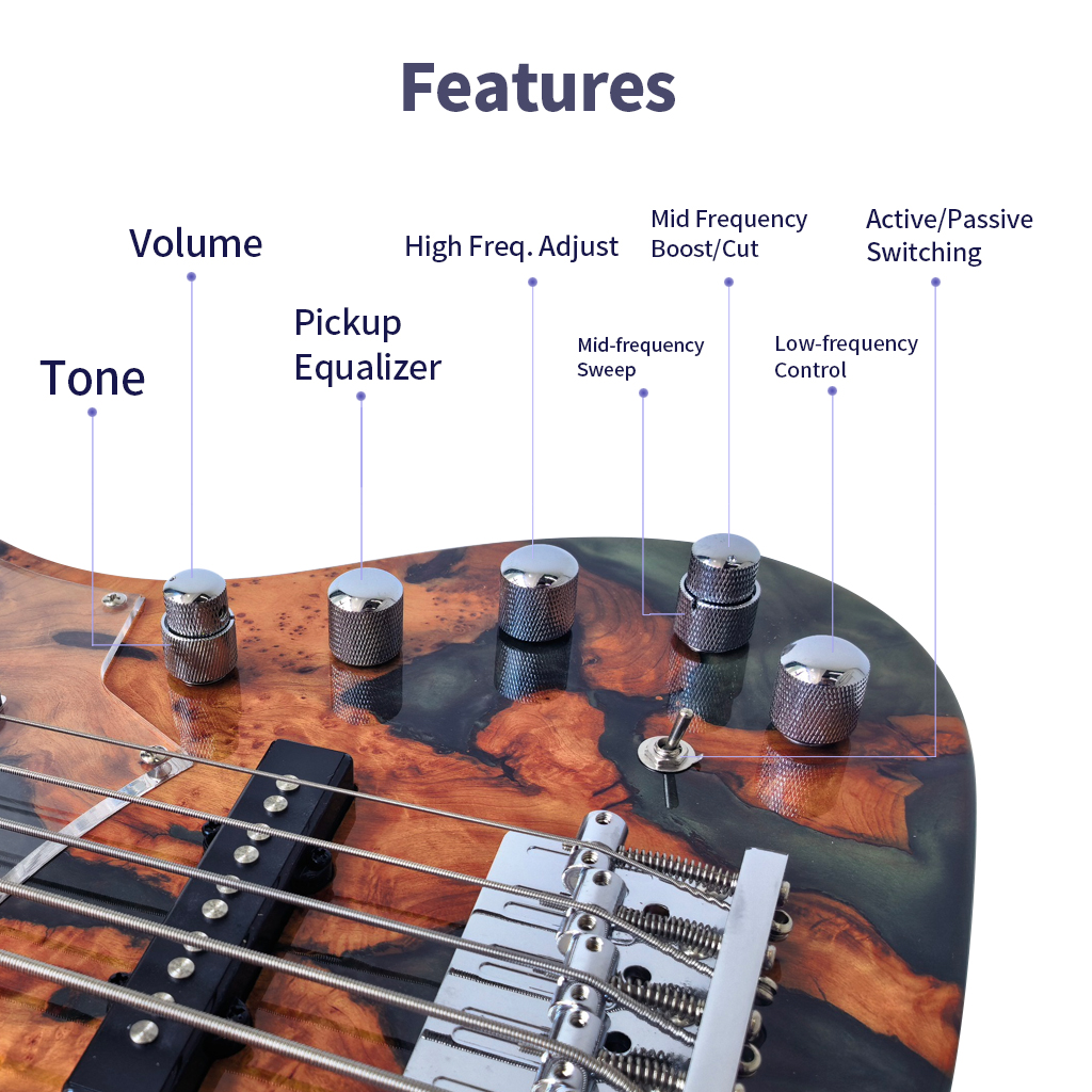 Boutique 5 String Bass Guitar Resin Burl Veneer Active Passive Switch Professional Electric Bass for Wholesale
